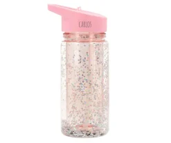 Botella Plástico con Pajita Glitter Stars Pink Personalizable