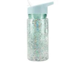 Botella Plástico con Pajita Glitter Stars Turquoise Personalizable