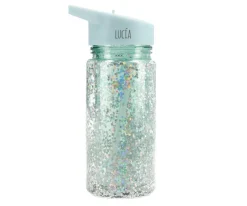 Botella Plástico con Pajita Glitter Stars Turquoise Personalizable