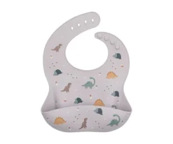 Pack Baby Meal Babero Silicona Dinos World + Bol Silicona y Cuchara Acero Brick Blush