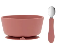 Pack Baby Meal Babero Silicona Dinos World + Bol Silicona y Cuchara Acero Brick Blush