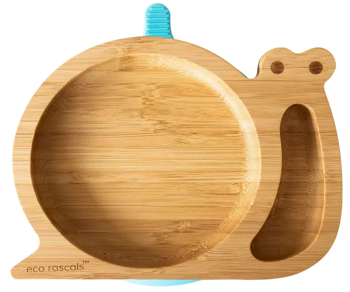 Plato Bambú con Ventosa Caracol Azul